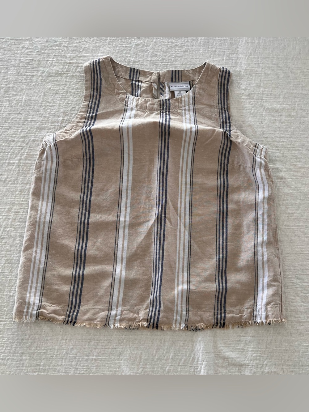 Liz Claiborne Woven Cotton Linen Striped Tan & White Sleeveless Women’s Top Sz M